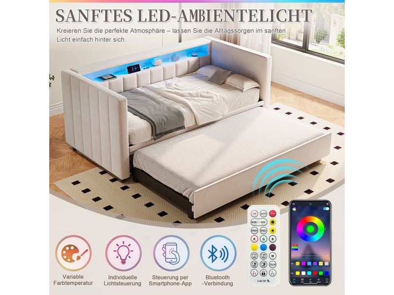  Canapé-lit convertible velours beige 90x190 cm avec led usb-c rangement multifonctionnel  - Conforama B