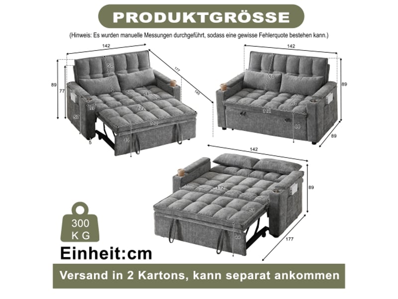 Canapé-lit 3-en-1 142 cm – coussins d’assise et de dossier moelleux, 2 coussins lombaires, tablette et porte-gobelets - Conforama C