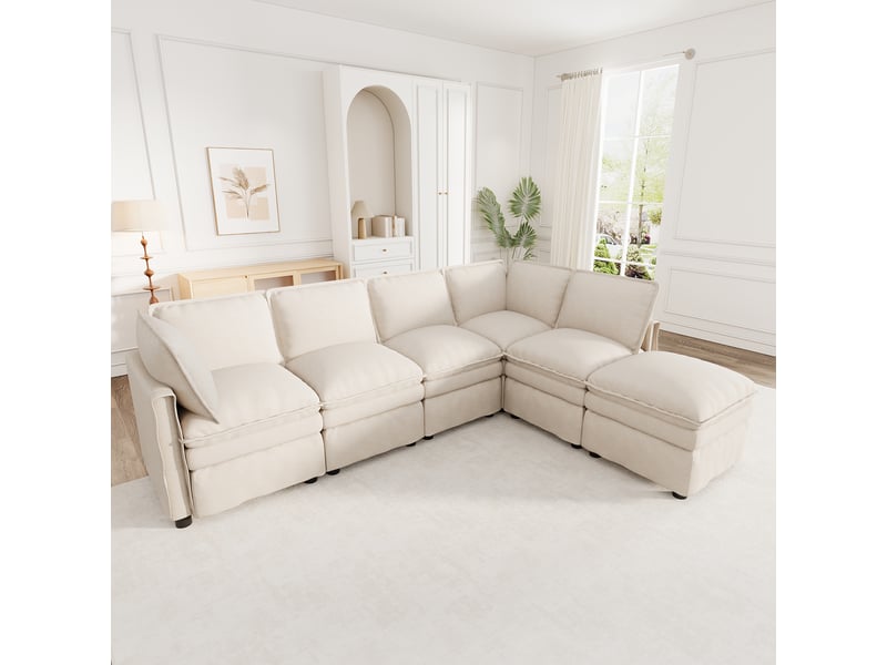  Canapé modulable xxl 6 places en tissu chenille beige avec pouf  - Conforama E