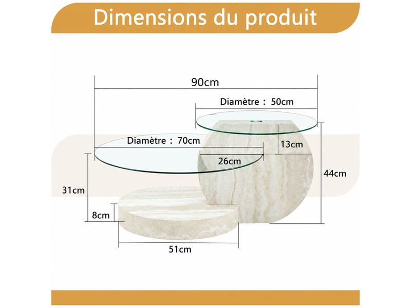  Table basse moderne à 2 niveaux en verre de sécurité et mdf – gris clair – 90 x 70 x 44 cm  - Conforama D
