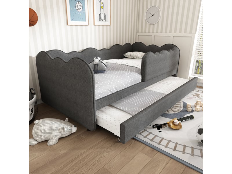  Lit gigogne enfant 90x190 cm avec lit coulissant, banquette lit en lin avec barrière amovible et 2 couchages, lit gain de place gris (sans matelas)  - Conforama B