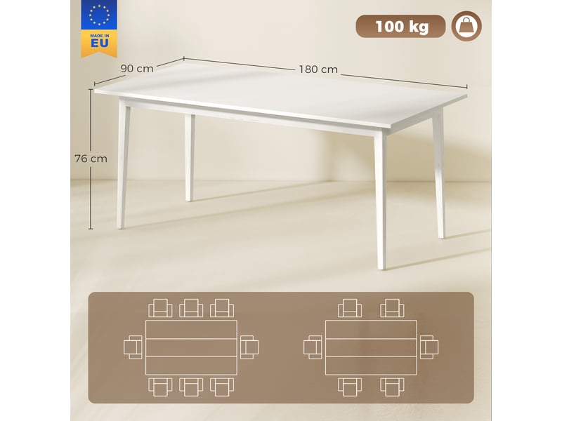 Table à manger pour 8 personnes, table de cuisine moderne avec pieds en bois massif, 180 cm, couleur crème - Conforama E