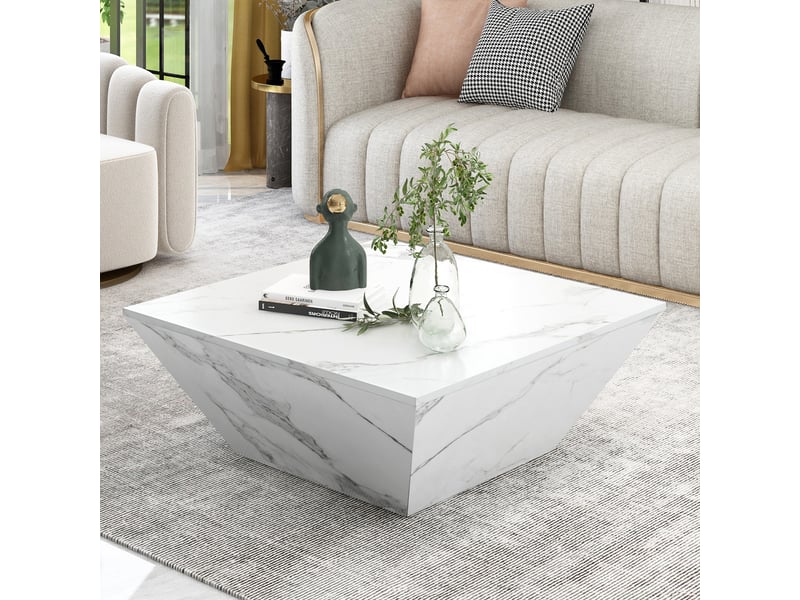  Table basse effet marbre blanc table de salon trapézoïdale 70x70x37cm avec 2 tiroirs design moderne  - Conforama E