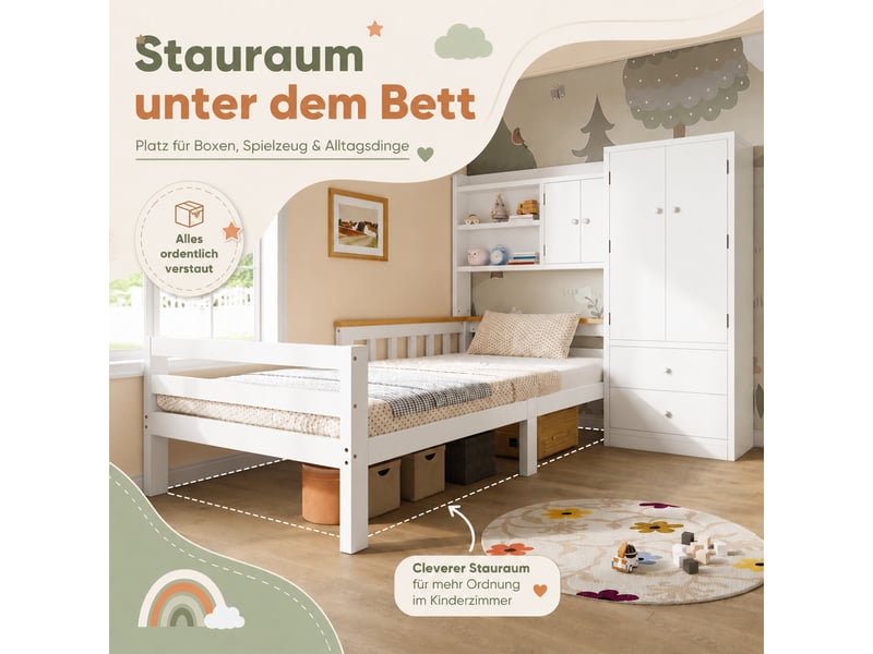 Lit enfant 90x200 cm avec armoire intégrée, tiroirs et étagères, rangement multifonctionnel, structure bois, blanc OMNIGLINT TRADING LTD - Conforama E