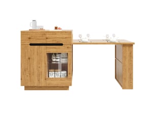 Îlot de cuisine extensible avec rangements, porte vitrée et led (commande app), effet chêne, pour salle à manger