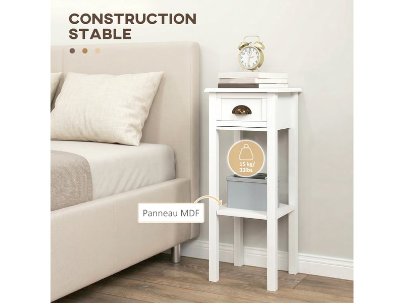  Lot de 2 tables d'appoint table de chevet style sophistiqué avec tiroir, étagère inférieure, blanc, 30 x 30 x 75 cm  - Conforama E