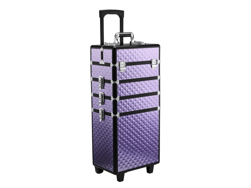  Valise de maquillage professionnelle à roulettes universelles, multi-niveaux, poignée extensible, alliage aluminium, 33,5 x 23 x 7695,5 cm, violette  - Conforama A