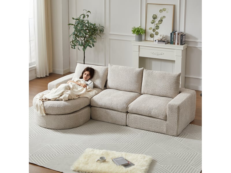  Canapé d'angle modulable compressé 3 places, méridienne réversible, en chenille beige  - Conforama D
