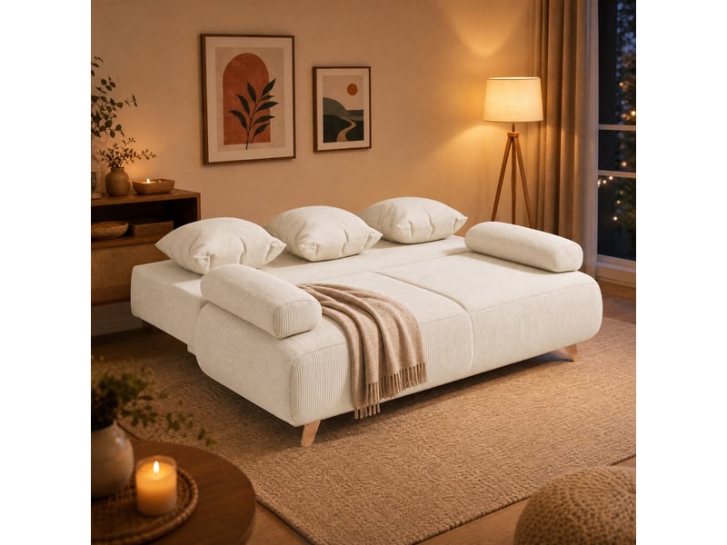  Canapé convertible 3 places avec rangement et dossier réglable  - velours côtelé beige  - Conforama C
