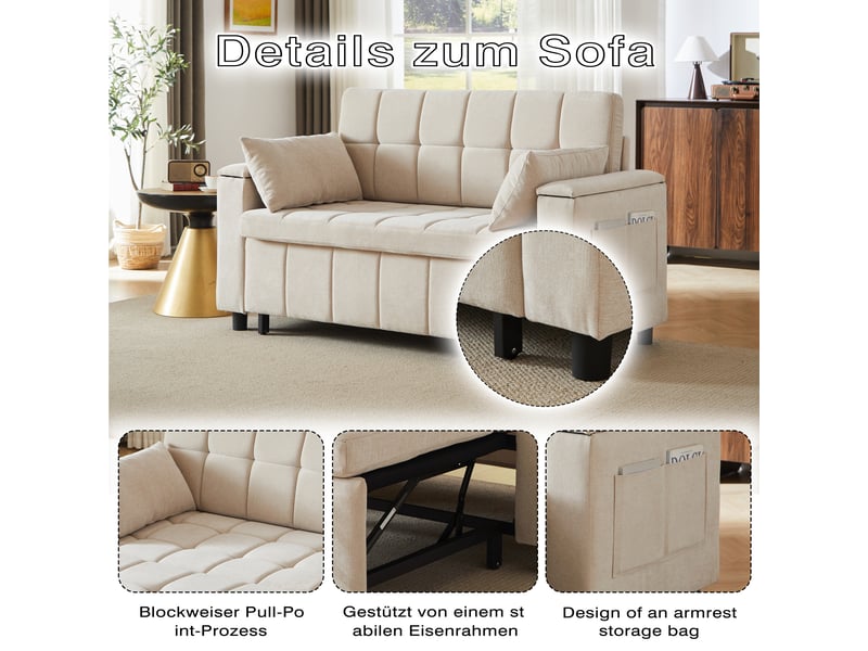  Canapé convertible, canapé-lit, 2 places, en chenille, rangements dans les accoudoirs, structure métallique, poches latérales  - Conforama E