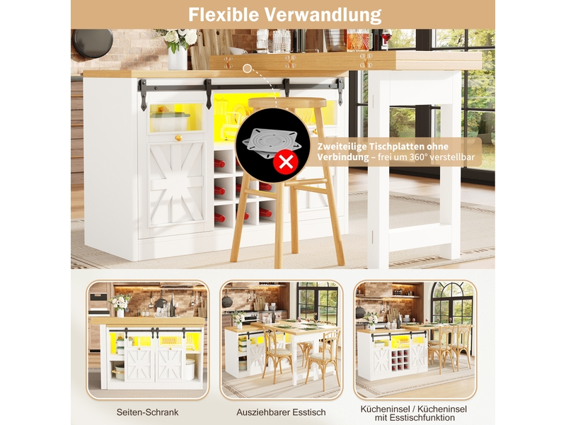  Buffet de cuisine avec table extensible pivotante à 360 degrés, led et rangement, pour salle à manger, en blanc  - Conforama E