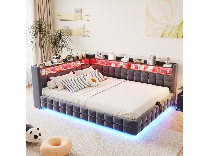  Lit capitonné 140x200 cm gris, led, prises usb type-c, coffre hydraulique et étagère  - Conforama E