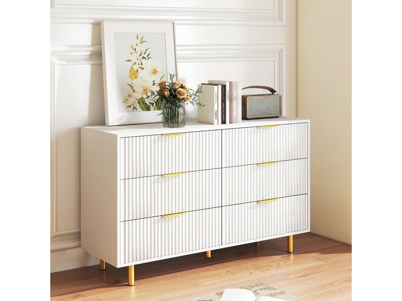 Commode 6 tiroirs, l120x p40xh72 cm, buffet design moderne pour chambre et salon, mdf avec pieds en métal, blanc et or - Conforama R