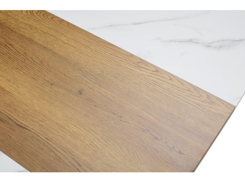  Table de salle à manger pour 4 à 6 personnes, plateau effet marbre et bois, piètement métal noir, 150 × 100 × 78,5 cm  - Conforama D