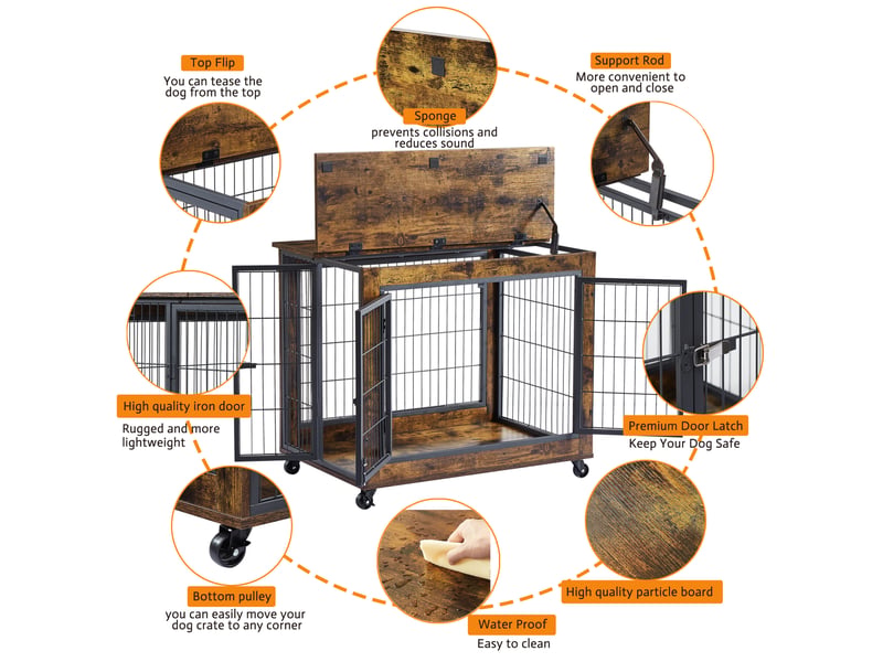 Cage d'intérieur chats et chiens 80x56x69,5 cm – marron vintage et noir – roulettes verrouillables - Conforama E