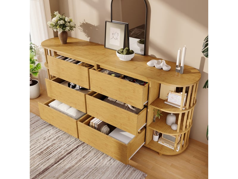 Buffet bahut salon salle à manger, 6 tiroirs, étagères ouvertes, grand rangement, 160x40x75 cm - chêne - Conforama D