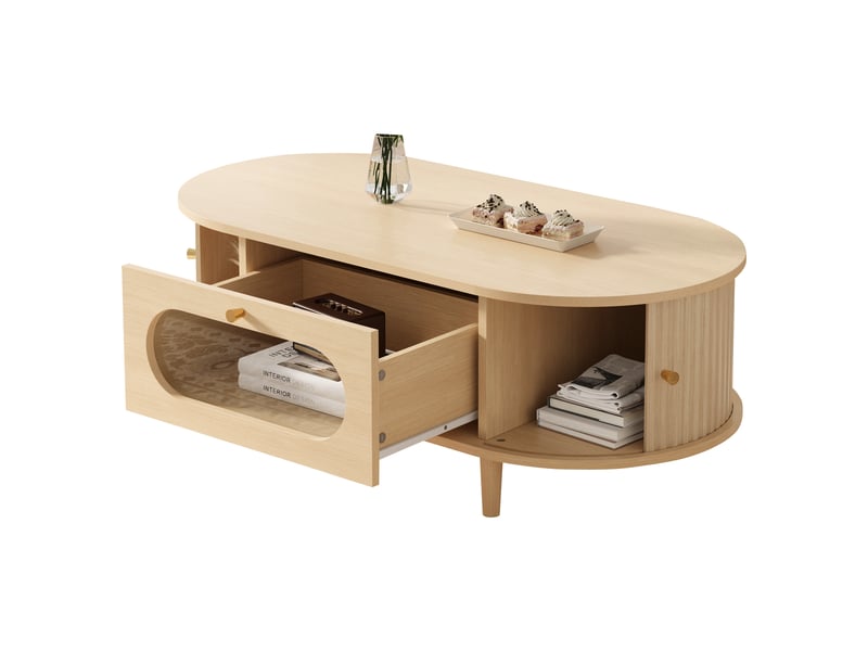 Table basse ovale 100 x 50 x 36 cm avec 1 tiroir et porte tambour, meuble de salon avec rangement, mdf et acrylique, bois naturel evarich - Conforama A