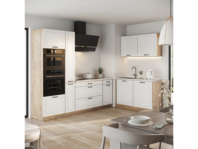  Vicco cuisine en angle, blanc campagnechêne doré, 230 x 120 cm sans plan de travail  - Conforama C