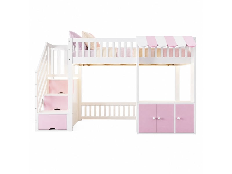  Lit mezzanine enfant simple 90×200 cm avec escalier de rangement et led - okmyhome- rose et blanc, sans matelas  - Conforama A