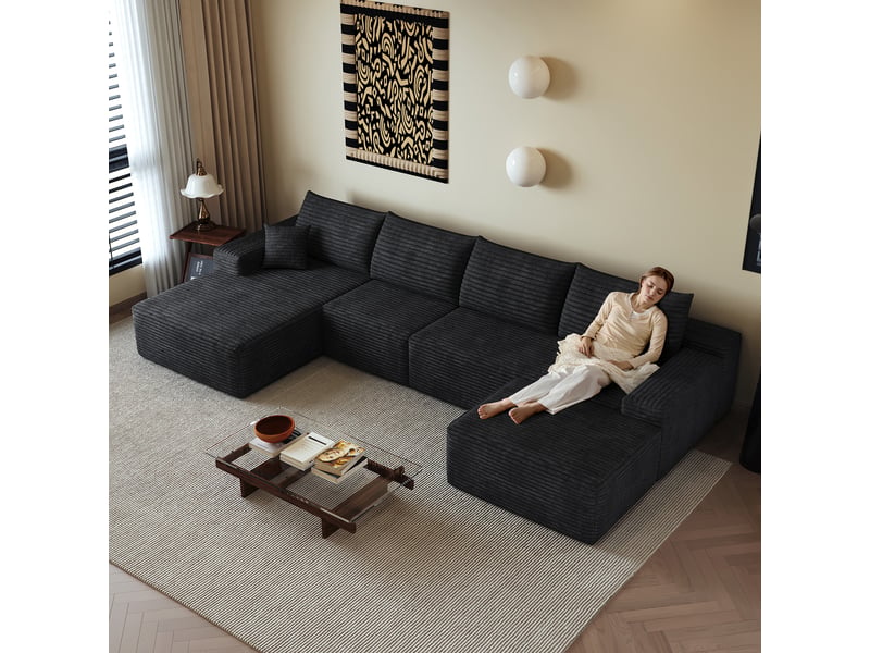 Canapé d'angle, canapé modulable, livré monté, design moderne, 340 cm, pour salon, chambre, appartement, assise profonde, noir - Conforama C
