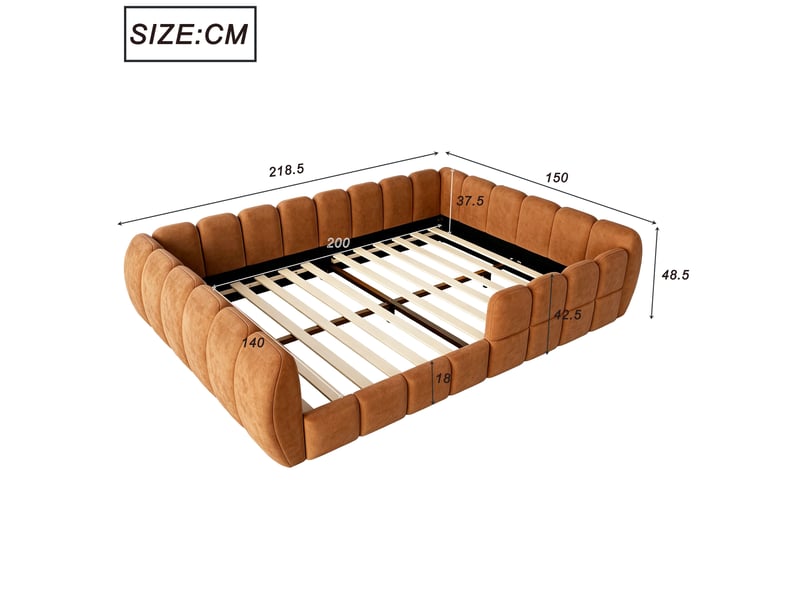  Lit enfant 2 places au sol 140×200 cm rembourré, bords arrondis - okmyhome- velours orange pour enfant, sans matelas  - Conforama D