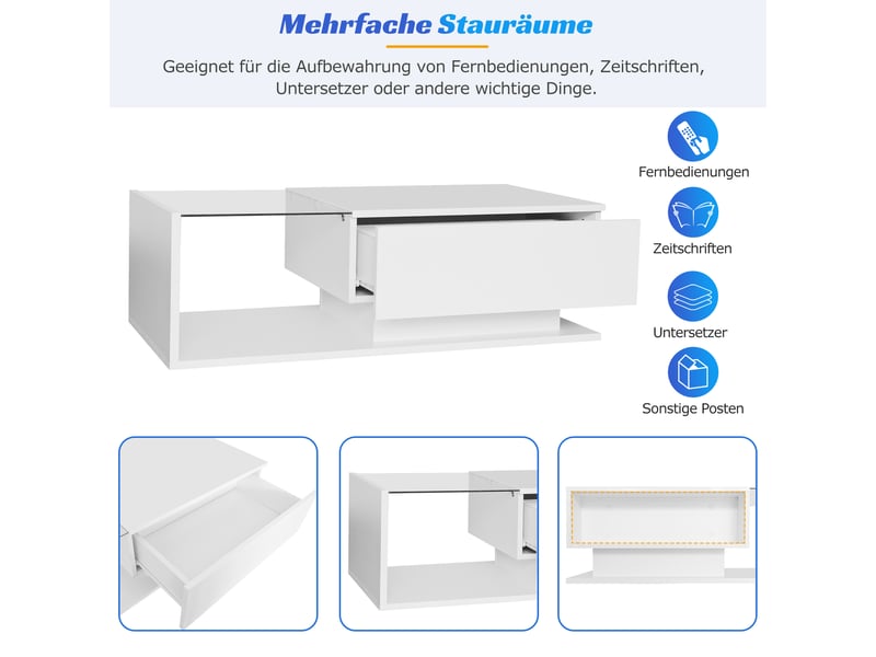 Table basse de salon blanche finition brillante avec plateau en verre et éclairage led - 1 tiroir - 100x50x32 cm - Conforama W