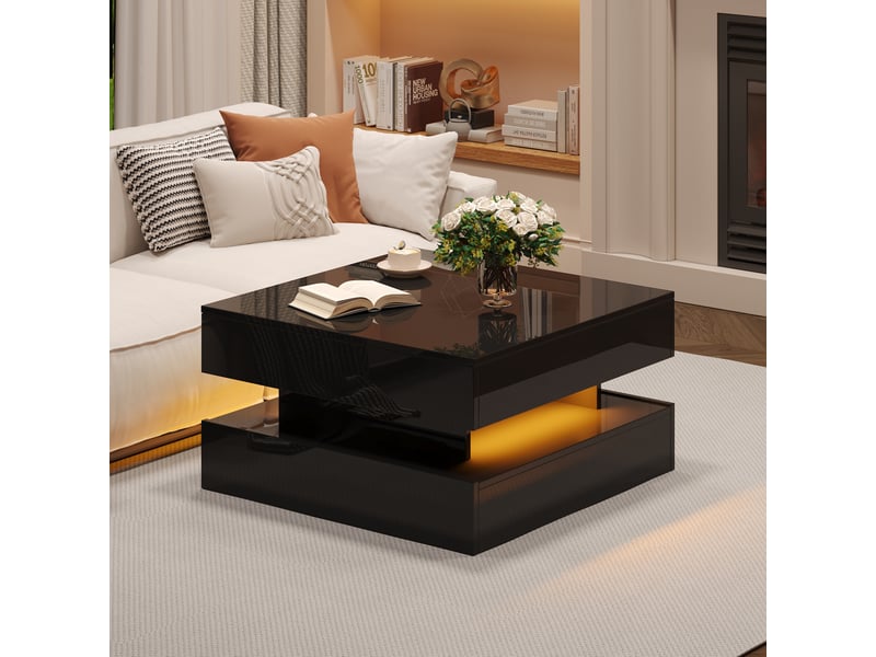  Table basse relevable carrée 65 x 65 x 38,5 cm, plateau 52,5 cm, 2 tiroirs, bande led, panneau particules, noir  - Conforama D