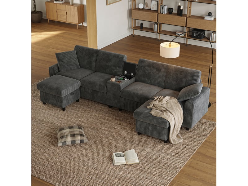 Canapé en u modenvie 4 places en velours côtelé gris avec 2 poufs de rangement et table centrale 315 x 135 x 81 cm - Conforama D