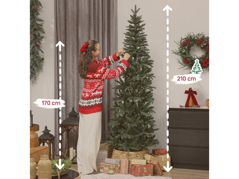  Sapin de noël artificiel 210 cm, arbre de noël slim avec 300 lumières 8 modes d'éclairage 826 branches articulées, vert  - Conforama C