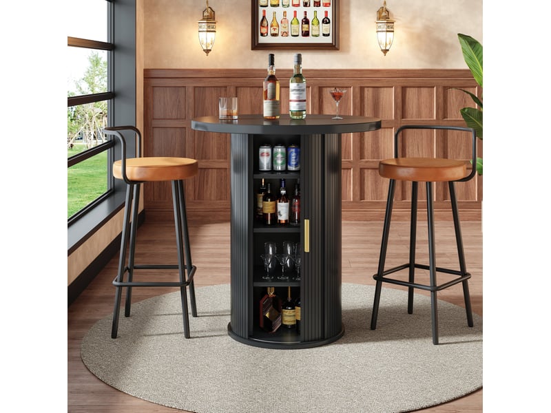  Meuble bar rond avec 1 porte coulissante et 4 étagères de rangement, en mdf et métal, pour salon, 60 × 60 × 91,6 cm  - Conforama B