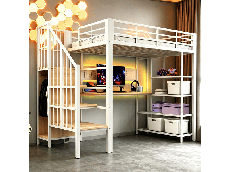 Lit mezzanine 90x200 cm, lit enfant, bureau, panneau perforé, barrière antichute, led, bois et métal blanc - Conforama E