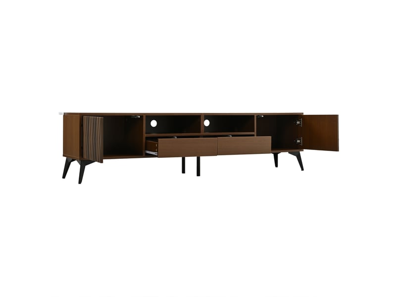  Meuble tv 180x35x45 cm avec 2 portes et  2 tiroirs en panneau de particules, passe-câbles, couleur marron  - Conforama E
