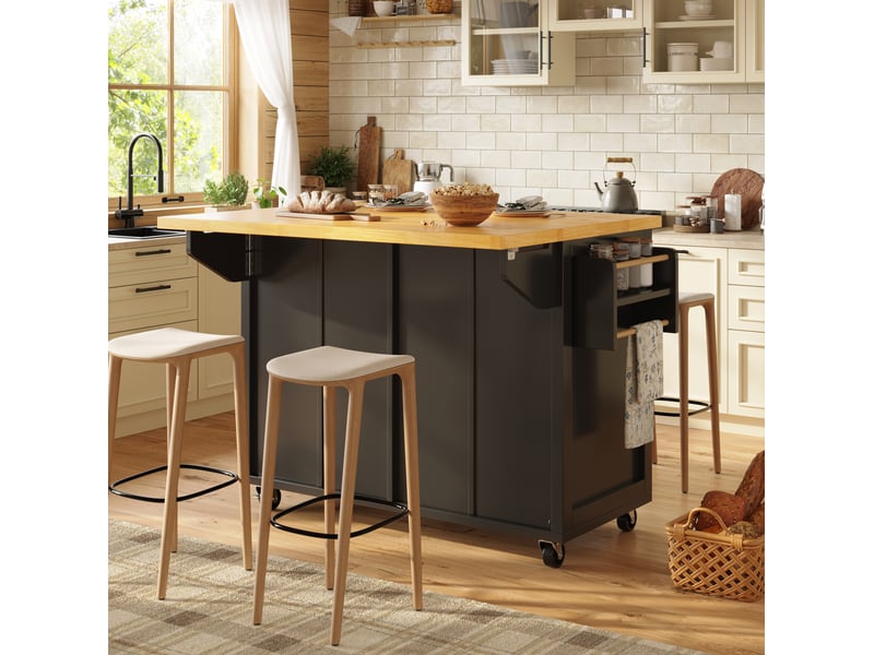  Desserte de cuisine 140 x 73 x 93,5 cm noire en mdf, plateau extensible et 5 roulettes avec freins  - Conforama B