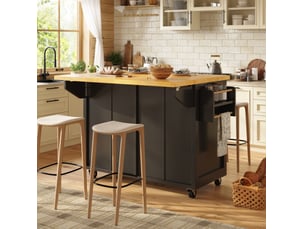 Desserte de cuisine 140 x 73 x 93,5 cm noire en mdf, plateau extensible et 5 roulettes avec freins