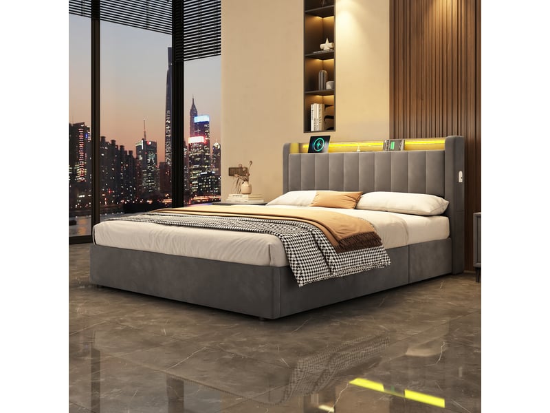  Lit 140 x 190 cm en velours gris foncé avec rangement, port usb et éclairage led  - Conforama D