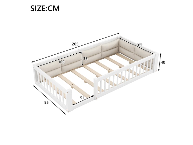 Lit enfant 90x200 cm avec barrières de sécurité et coussins, bois blanc, sans matelas  - Conforama C