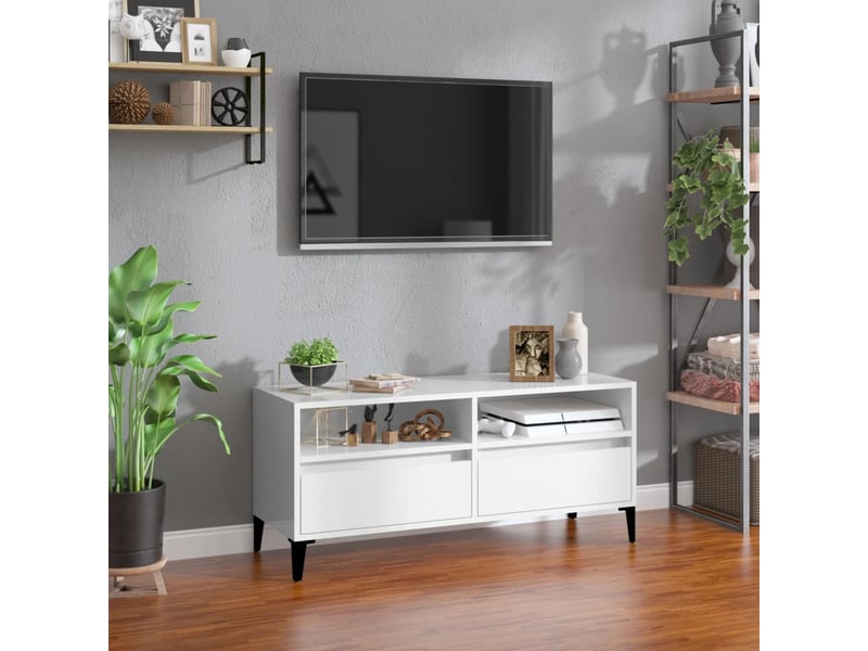  Meuble tv - banc tv - meuble de rangement blanc brillant 100x34,5x44,5 cm bois d'ingénierie  - Conforama B