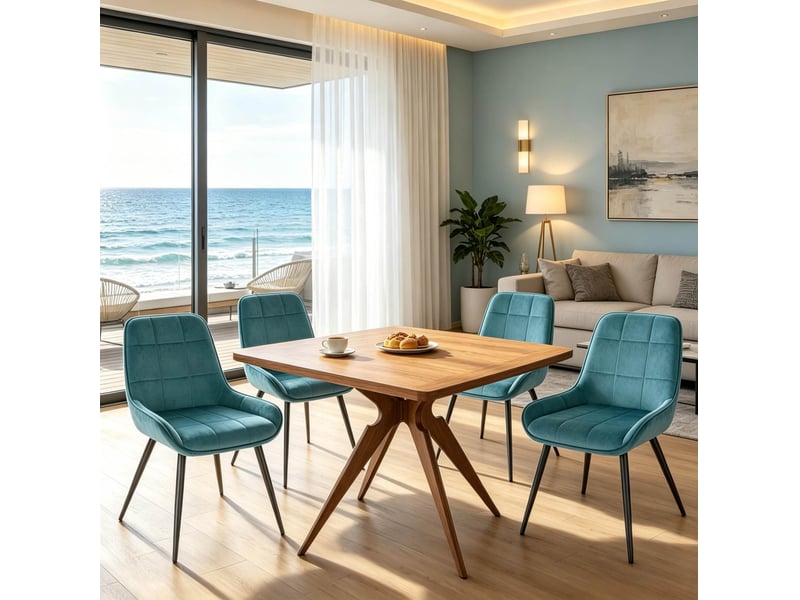  Chaises de salle à manger lot de 4 52.5×43×81.5cm dossier arrondi cadre acierlique turquoise  - Conforama D