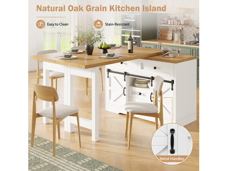 Desserte de cuisine avec placard, tiroirs dissimulés et plateau pivotant, table extensible pour salle à manger - Conforama E