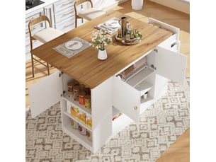 Îlot de cuisine 140x70x90 cm – blanc – plateau rabattable, rangements latéraux et table d'appoint