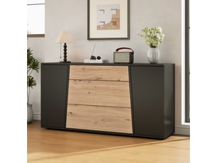 Buffet noir et bois 140 cm, meuble de rangement 3 tiroirs 2 portes pour salon et cuisine