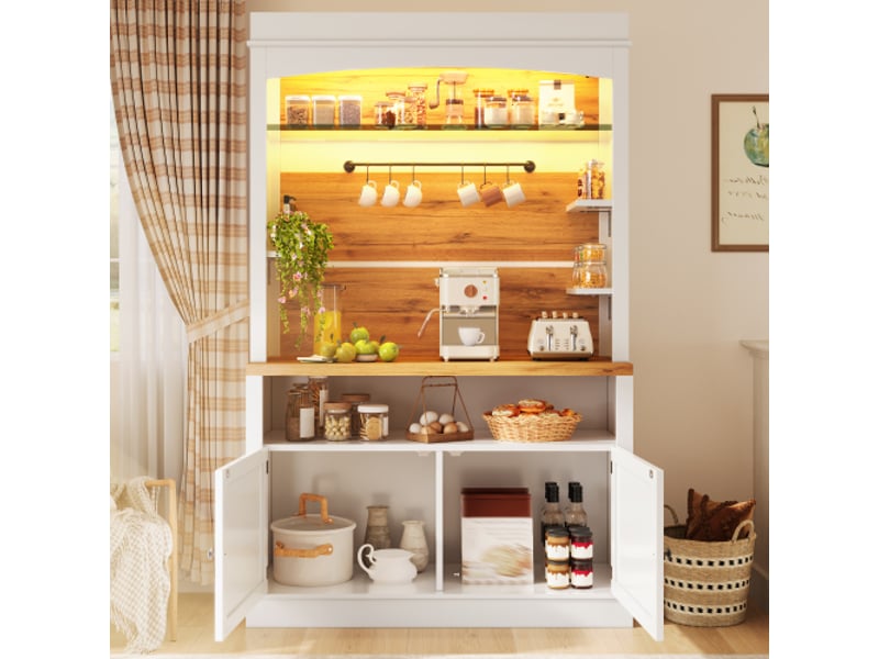  Lot de 2 armoires hautes avec led, buffet 184 cm avec étagère en verre et crochets, finition blanche, charge jusqu’à 60 kg, meuble de rangement cuisine et salle à manger  - Conforama B