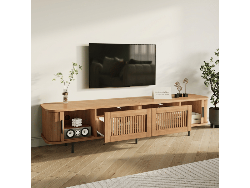  Meuble tv 180 cm avec led portes coulissantes bords arrondis naturel  - Conforama E