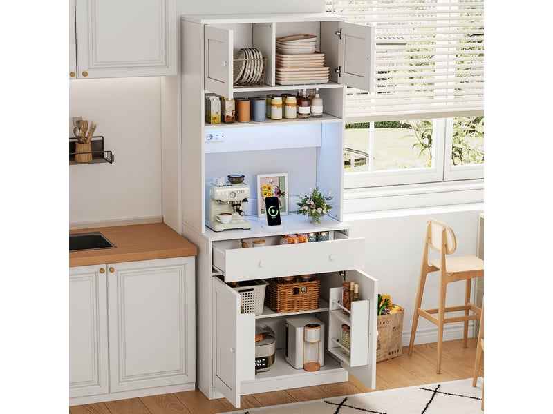 Armoire de cuisine 180 cm blanche, meuble de cuisine avec led et armoire avec grand tiroir, multiprise intégrée - Conforama D