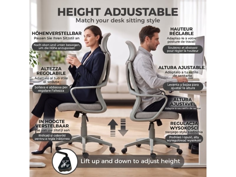  Chaise de bureau inclinable avec appui-tête et soutien lombaire, réglable en hauteur, gris  - Conforama D