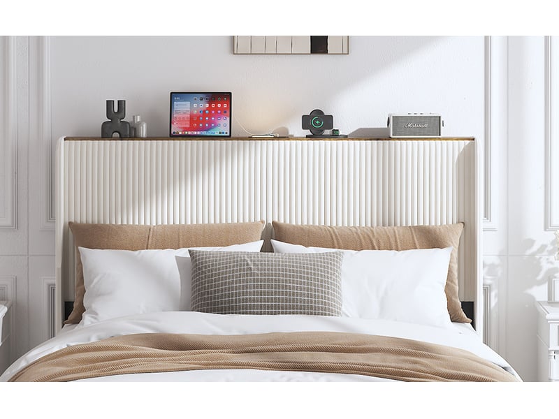  Lit adulte 180x200 cm en velours côtelé beige et crème avec tête de lit  - Conforama W