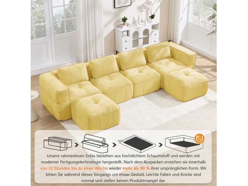 Canapé panoramique en u modulable 4 places avec 2 poufs, mousse 32d et base antidérapante en polyester jaune - Conforama E