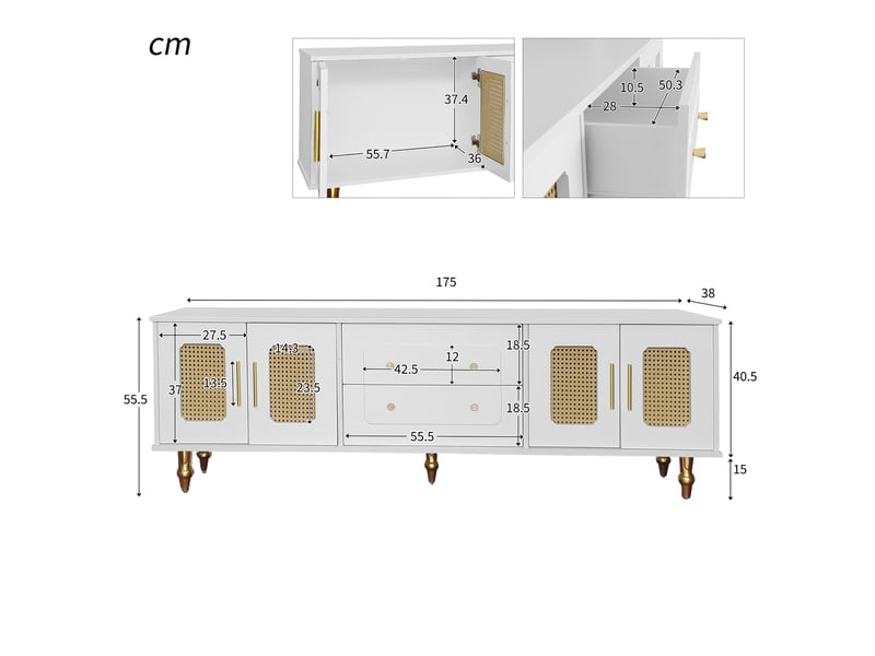  Meuble tv 175 x 38 x 55,5 cm, 4 portes effet cannage et tiroirs, poignées dorées, style rétro, blanc, en panneaux de particules, pour salon ABC - Conforama C