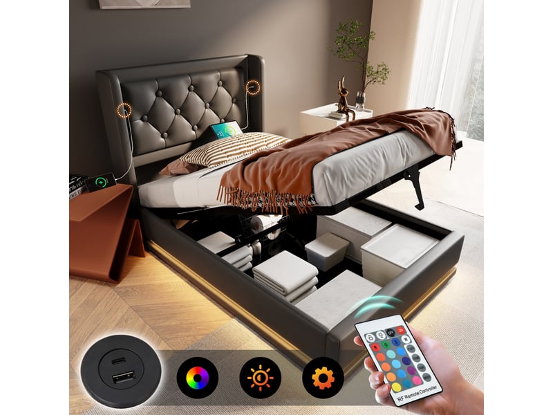  Lit 1 personne 90x200 cm avec matelas, tête de lit rembourrée avec recharge usb, lit simple led, noir  - Conforama E