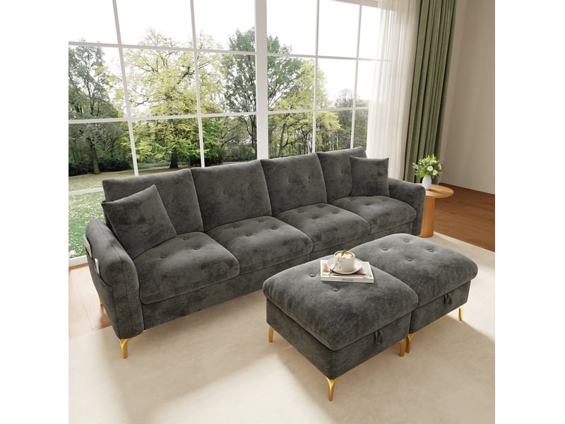 Canapé d'angle modulable 4 places en chenille gris avec 2 poufs de rangement - Conforama E